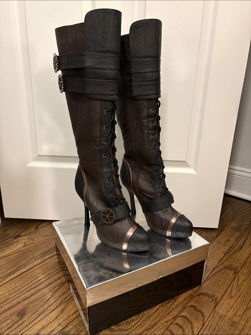 Ellie 420 Quinley 4” knee high steam punk lace-up, hidden zipper, heeled boots